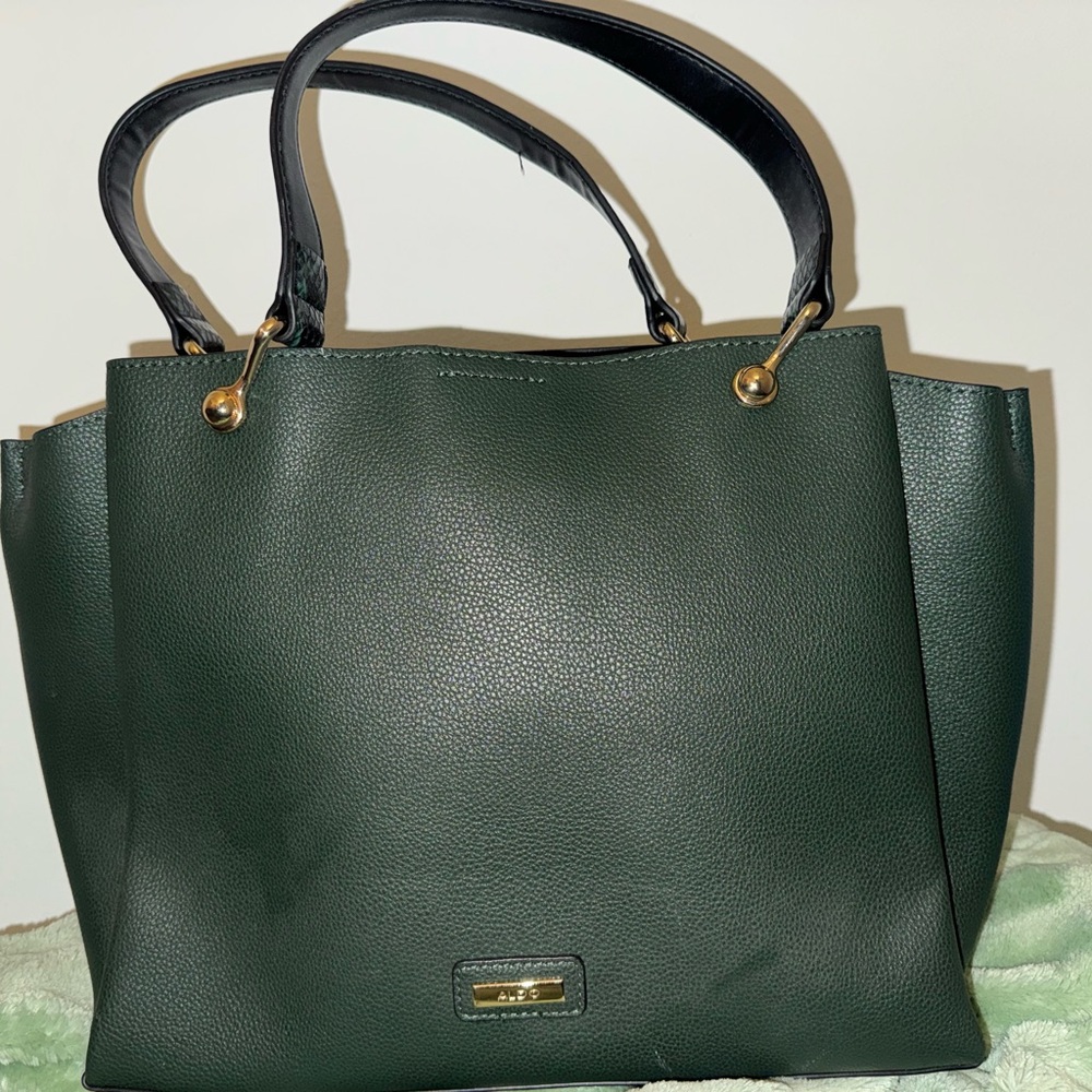 Aldo Dark Green Tote Bag with Black Handles